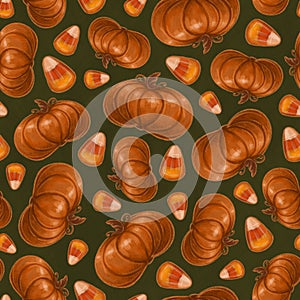 Seamless texture theme of halloween, elements of pumpkin and candy corn. Autumn wallpaper illustration on green background