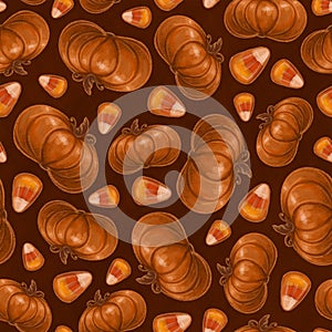 Seamless texture theme of halloween, elements of pumpkin and candy corn. Autumn wallpaper illustration on red background