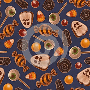 Seamless texture theme of halloween, includes elements of ghost cookie, candy corn, sweets, candy eye and licorice candies. Autumn