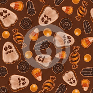 Seamless texture theme of halloween, includes elements of ghost cookie, candy corn, sweets and licorice candies. Autumn wallpaper