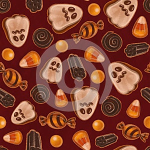 Seamless texture theme of halloween, includes elements of ghost cookie, candy corn, sweets and licorice candies. Autumn wallpaper