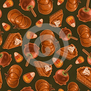 Seamless texture on the theme of halloween, includes elements of pumpkin, pie, caramel apple, candy corn. Autumn wallpaper