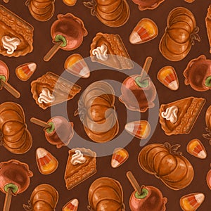 Seamless texture on the theme of halloween, includes elements of pumpkin, pie, caramel apple, candy corn. Autumn wallpaper