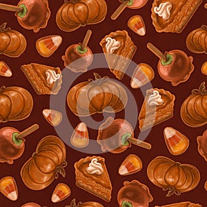 Seamless texture on the theme of halloween, includes elements of pumpkin, pie, caramel apple, candy corn. Autumn wallpaper