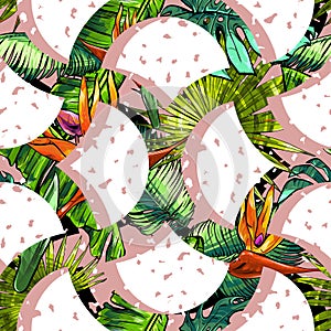 Seamless texture on the theme of the tropics, jungle from palm leaves, monstera, banana leaves, strelitzia and heliconia flowers