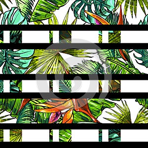 Seamless texture on the theme of the tropics, jungle from palm leaves, monstera, banana leaves, strelitzia and heliconia flowers.