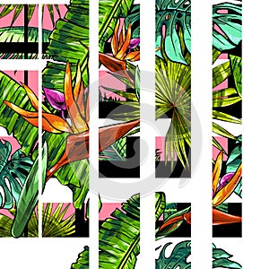 Seamless texture on the theme of the tropics, jungle from palm leaves, monstera, banana leaves, strelitzia and heliconia flowers.