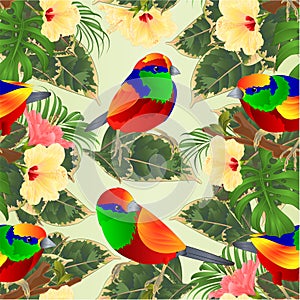 Seamless texture tropical birds on a branches tropical flowers hibiscus palm,philodendron on a white background vintage vector i