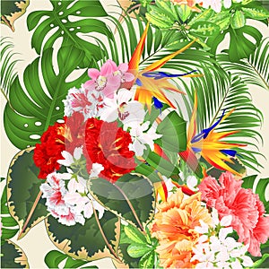 Seamless texture tropical flowers floral arrangement with Strelitzia and pink red yellow hibiscus and orchids Cymbidium philode