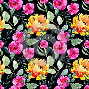 Seamless texture of watercolor flowers and leaves on dark background. Bright summer print with foliage and floral elements