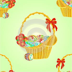 Seamless texture wicker basket and easter eggs vector