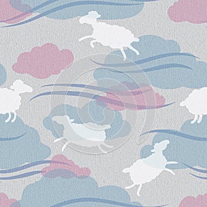 Seamless textured raster pattern with white flying sheep in pink and white clouds