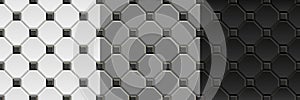 Seamless textures of black, white, gray ceramic floor. Vintage repeating pattern of rhombus tiles with square inserts