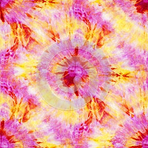Seamless tie-dye pattern of purple and yellow color on white silk