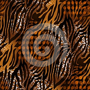 Seamless Tiger and Zebra Skin Pattern, Wild Dark Brown Repeating Texture with Dots.