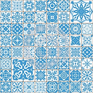 Seamless tile pattern. Colorful lisbon, mediterranean floral ornament pattern. Square flower blue mosaic. Islam, Arabic, Indian, T