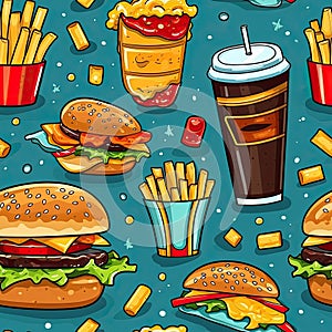 Seamless tile repeating background of fast food items, such as french fries, soda and cheeseburgers.