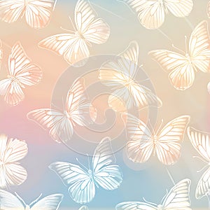 Seamless tile of white butterflies on a pastel orange background