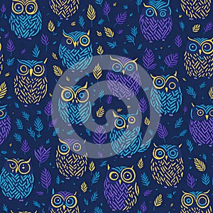 Seamless and Tileable Owl Background Pattern with Leaves
