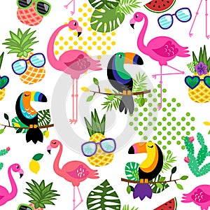 Seamless, Tileable Tropical Vector Pattern with Flamingos, Toucans, Cacti and Tropical Leaves