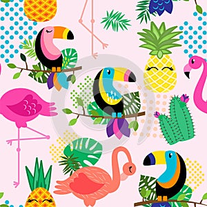 Seamless, Tileable Tropical Vector Pattern with Flamingos, Toucans, Cacti and Tropical Leaves