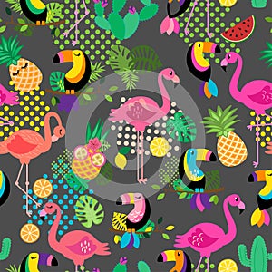 Seamless, Tileable Tropical Vector Pattern with Flamingos, Toucans, Cacti and Tropical Leaves