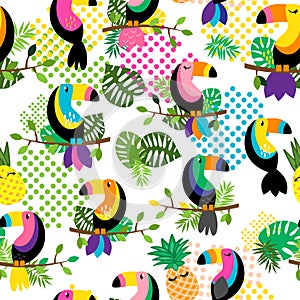 Seamless, Tileable Tropical Vector Pattern with Flamingos, Toucans, Cacti and Tropical Leaves