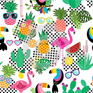 Seamless, Tileable Tropical Vector Pattern with Flamingos, Toucans, Cacti and Tropical Leaves