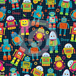 Seamless Tileable Vector Background Pattern with Cute Robots