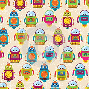 Seamless Tileable Vector Background Pattern with Cute Robots