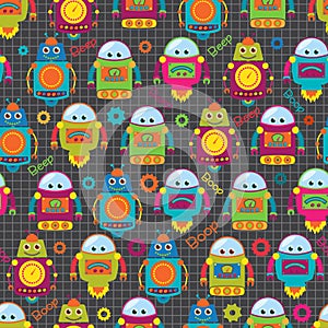 Seamless Tileable Vector Background Pattern with Cute Robots