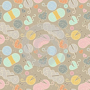 Seamless, Tileable Vector Background with Yarn, Knitting Needles