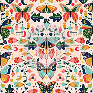 Seamless, Tileable Wallpaper Pattern with Boho Style Butterflies, Moths