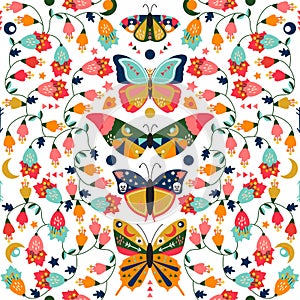 Seamless, Tileable Wallpaper Pattern with Boho Style Butterflies, Moths