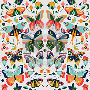 Seamless, Tileable Wallpaper Pattern with Boho Style Butterflies, Moths