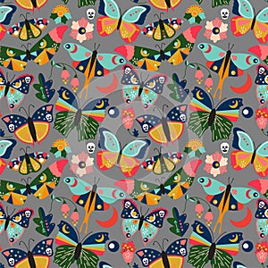 Seamless, Tileable Wallpaper Pattern with Boho Style Butterflies, Moths