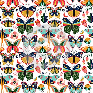 Seamless, Tileable Wallpaper Pattern with Boho Style Butterflies, Moths