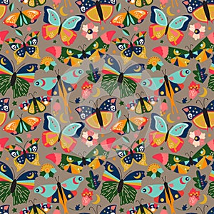 Seamless, Tileable Wallpaper Pattern with Boho Style Butterflies, Moths
