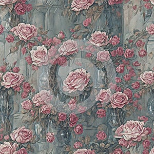 Seamless tiling pattern, dusty pink roses