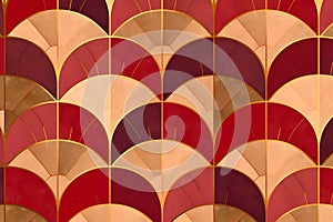 Seamless tillable pattern of abstract geometric shapes in red, orange and yellow colors