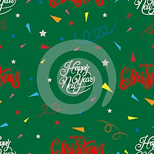 Seamless tiny paper cut with Happy new year and Merrry Christmas with geometric shape pattern, swirled and star on green photo