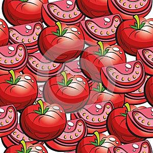 Seamless tomato pattern. Red ripe tomatoes with a green stem and cut pieces.
