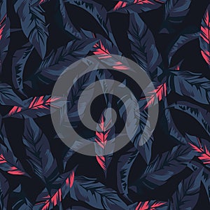 seamless topical leaves pattern on navy background
