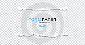 Seamless torn ripped paper layered isolated. White color. Transparent background. Stripes set. Realistic template. Simple modern