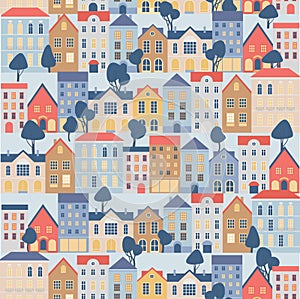 Seamless town pattern. Endless background with cute small houses and trees. Repeating print of old style homes