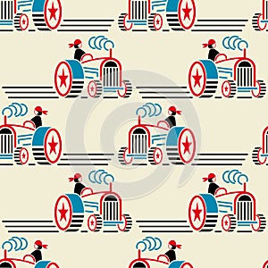 Seamless tractors pattern in constructivism soviet style. Vector vintage 20s geometric ornament