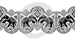 Seamless traditional black and white Asian elephant border design