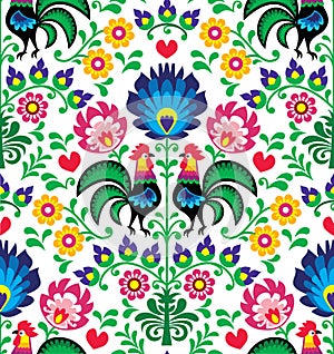 Seamless traditional floral Polish pattern with roosters - Wzory ÃÂowickie