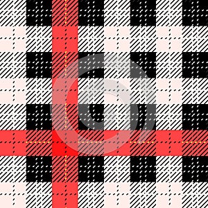 Seamless traditional Scottish colourful tartan fabric. Black, red with white stripes. Cloth background or texture