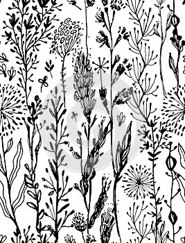 Seamless trendy pattern with black grass and flowers. Vector illustration. design element for fabric, wrapping paper